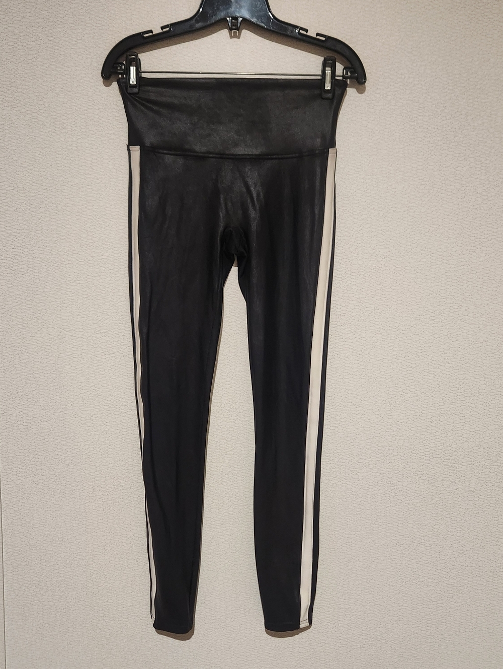SPANX Faux Leather Leggings Black White Stripe Womens Medium